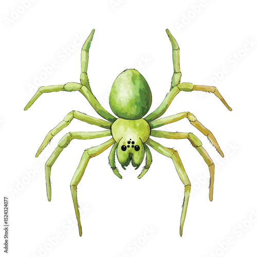 Watercolor Illustration of a Green Spider with Extended Legs and Detailed Features