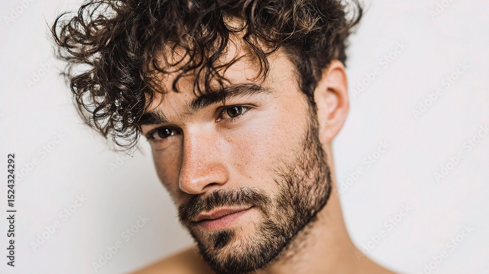 Fototapeta premium Young Unshaven Man Portrait on White Background for Stock Photos