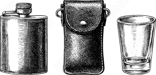 Vintage engraved flask set with hip pouch and glass for outdoor adventures