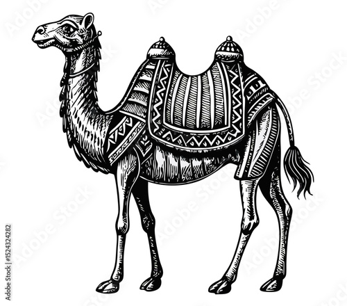 Vintage Black and White Camel Illustration, Decorated Saddle