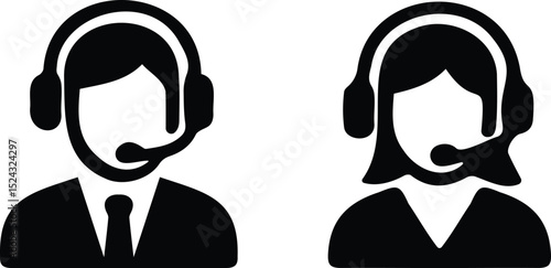 Customer service support icons showing male and female call center agents with headset in silhouette style for helpline or assistance