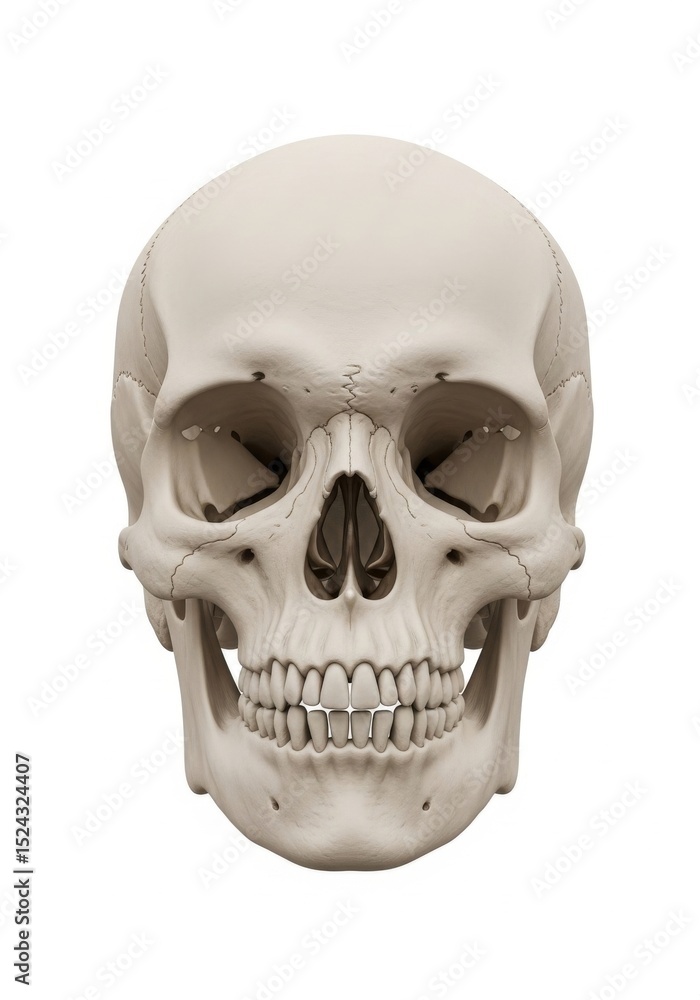 Obraz premium Human Skull Anatomy - Detailed front view of a human skull, isolated on white background. Ideal for medical, anatomical, or artistic purposes