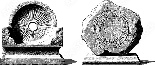 Engraved fossilized throne and ancient artifact illustration set