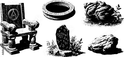 Engraved illustrations of fossilized thrones and ancient artifacts for historical design