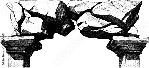 Engraved illustration of fractured arch lintel for historical architecture design