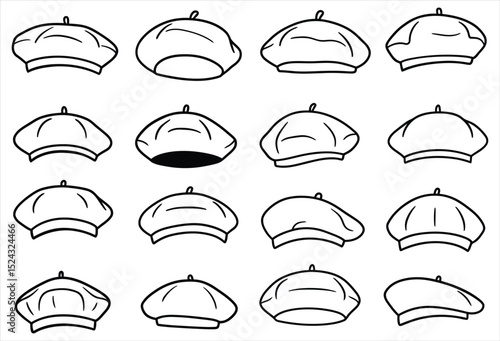 Beret Hat Vector Icon Set: Classic Headwear Silhouettes & Outlines for Fashion, Arts & Culture Designs