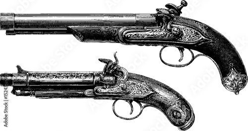 Engraved illustration of french duelling pistols set for historical weapon design