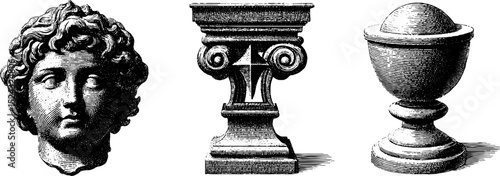 Timeless engraved illustrations of classical georgian garden elements for artistic design
