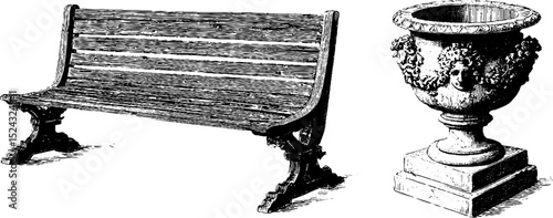 Elegance of georgian garden design: engraved bench and ornamental vase for historical spaces