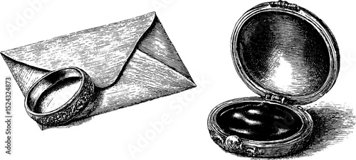 Vintage georgian locket and ring with envelope illustration design for historical print