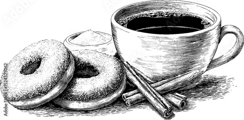 Vintage engraved illustration of glazed doughnuts and coffee with cinnamon sticks