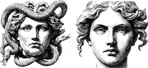 Mythical gorgon faces with intricate snake hair design for artistic use