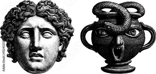 Engraved gorgon face and jar with serpent design for decorative art