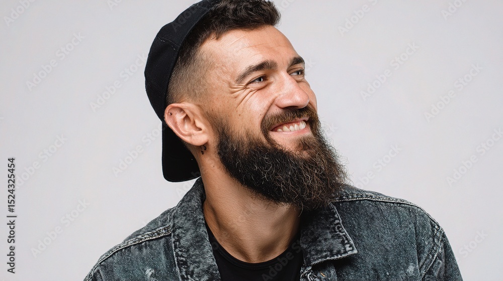 Fototapeta premium Young Male Model Smiling in Casual Wear with a Beard