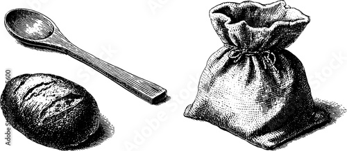 Engraved illustration of grain bundle with fresh bread and rustic spoon