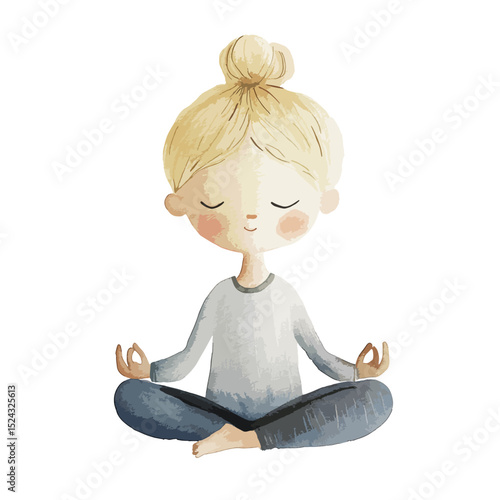 Watercolor Illustration of a Meditating Girl with Blonde Hair in a Top Knot