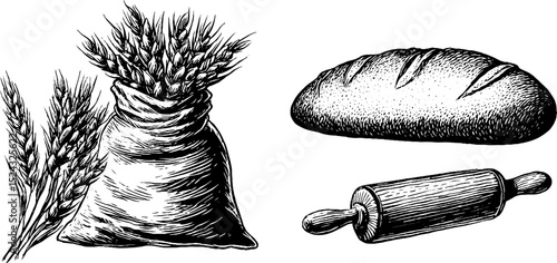 Rustic bakery themes with engraved wheat sheaf, bread, and rolling pin design for print or poster