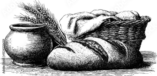 Rustic bread and wheat sheaf with clay pot and basket