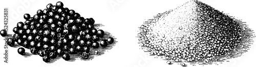 Engraved illustration set of ground black pepper and peppercorns for culinary design