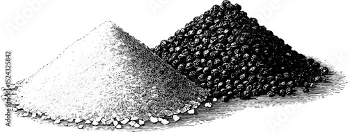 Detailed engraved illustration of ground and whole black pepper spices for culinary design