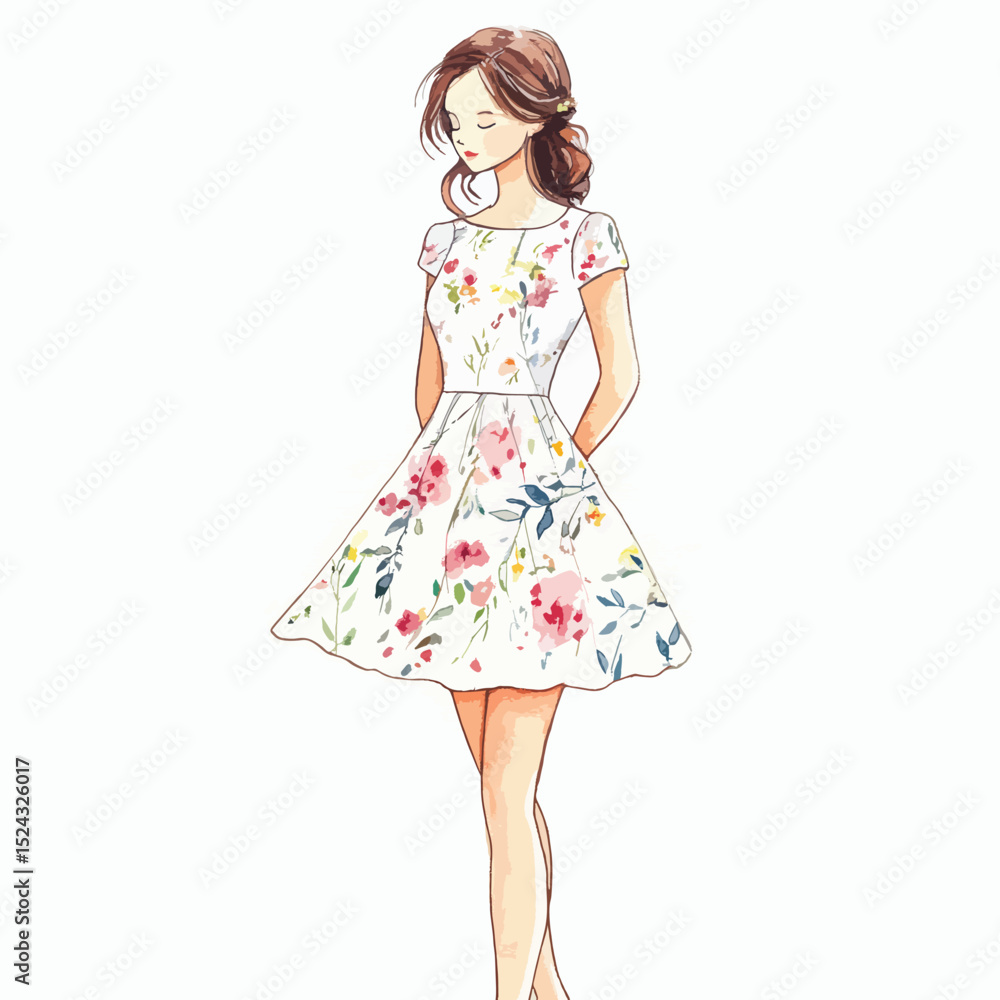 Watercolor Illustration of a Pensive Woman in a Floral Dress Watercolor Illustration of a Pensive Woman in a Floral Dress
