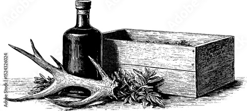 Vintage herbal liqueur bottle with antlers and wooden box for rustic decor