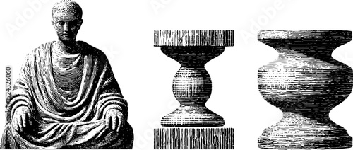 Engraved illustration set featuring hermit figure and ornate tables