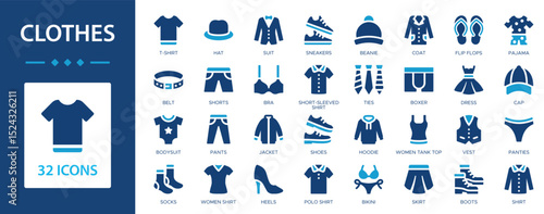 Clothes flat icons collection. Coat, hat, panties, pants, shoes, shorts, dress, t-shirt, shirt sign set.