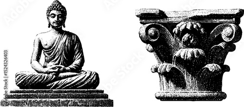 Indo greek stupa and buddha engravings for historical art and design
