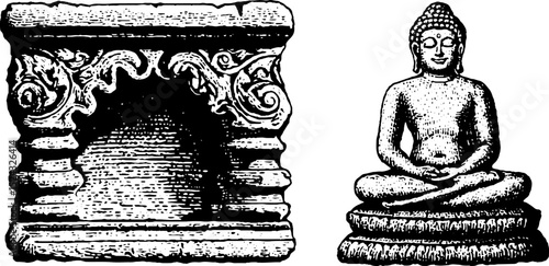 Artistic engraving of indo-greek stupa and buddha sculpture for cultural and historical design