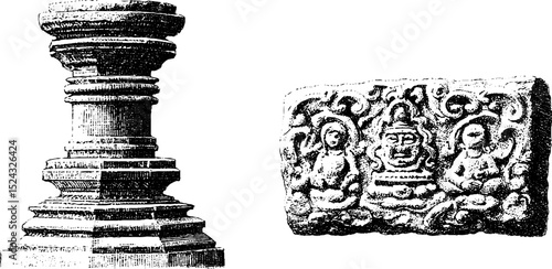 Engraved illustration of indo-greek stupa fragments for historical design and study