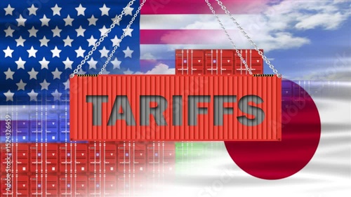 tariffs word on loading container with usa and japan waving flag on container background. concept for new trade policy usa government on japan.
