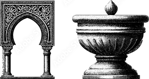 Engraved islamic courtyard elements: arched gate and ornate fountain for architectural design