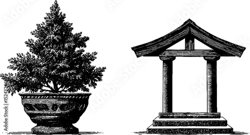 Traditional japanese shinto shrine and bonsai tree engraving for cultural design and decoration