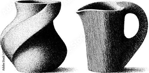 Engraved illustration set of kinetic vases with unique patterns for artistic design
