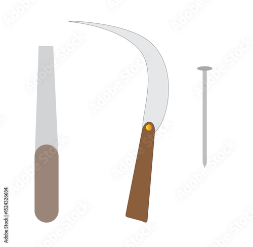 Hand tool vector with curved sickle, pointed nail, and sharp-edged chisel, representing agriculture, repair, manual labor and rural work instruments

