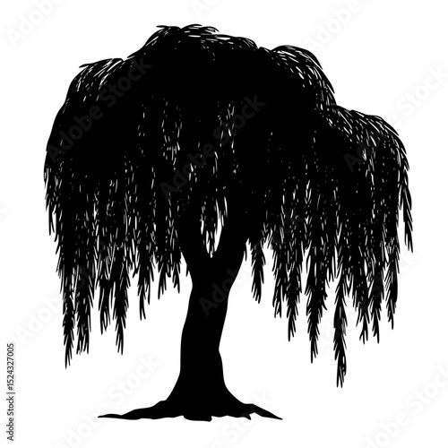 a black and white silhouette of a willow tree black, silhouette, tree, willow tree , Generative art.