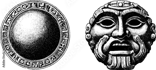 Engraved ancient mayan calendar disc and mask illustration set for historical design