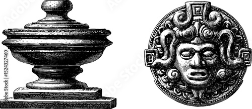 Engraved mayan incense burner illustration set for cultural and historical design projects