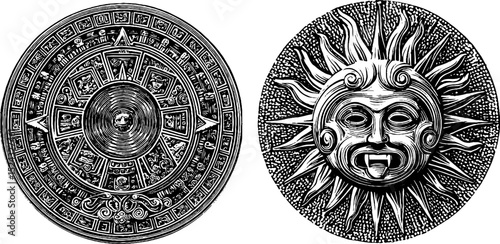 Detailed engraved illustration of mayan calendar disc and sun face design