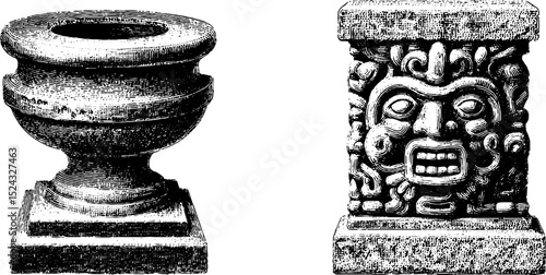 Engraved illustration set of ancient mayan incense burners for historical art projects