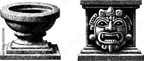 Engraved illustration of mayan incense burners for cultural and historical design