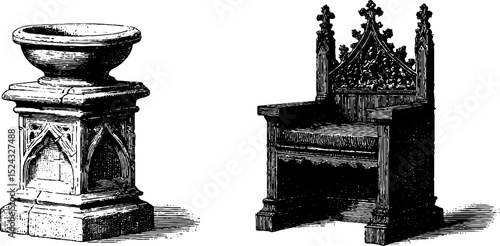 Medieval baptismal font and throne engraved illustration set for historical design