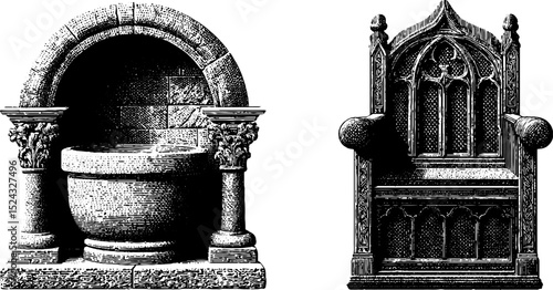 Intricate engraved illustrations of medieval baptismal font and gothic throne for historical design