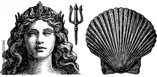 Engraved mermaid queen with trident and seashells for nautical design