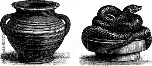 Detailed engraved illustration of minoan storage jar and coiled snake motif for historical and archaeological design