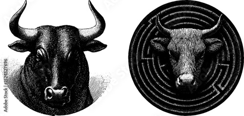 Engraved art of minotaur and bull heads for mythological and decorative designs