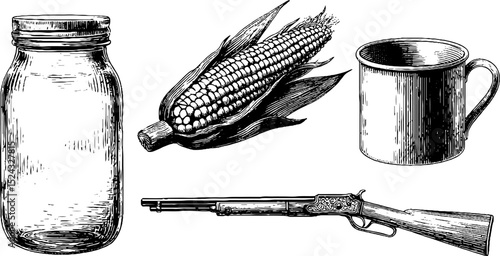 Vintage engraved set featuring moonshine jar, corn, rifle, and tin cup for nostalgic design