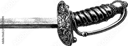 Detailed engraved illustration of napoleonic sword hilt for historical study or design