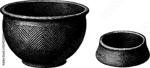 Neolithic cooking pots engraved illustration set for historical study and design